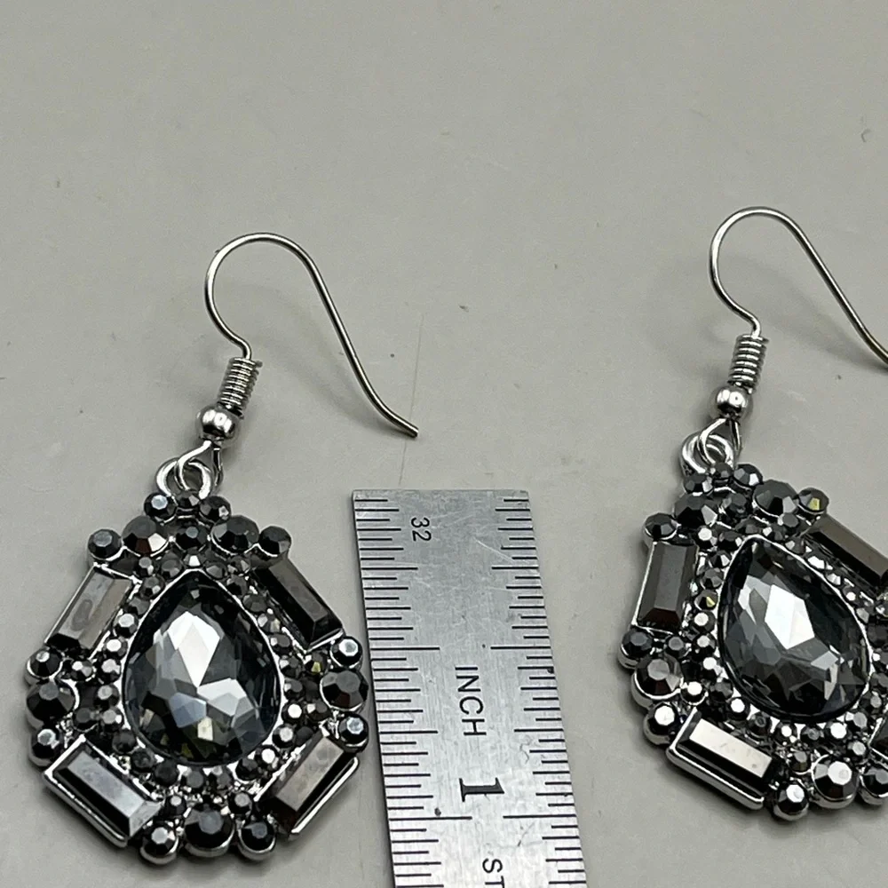 Elegant Silver and Black Rhinestone Teardrop Earrings
